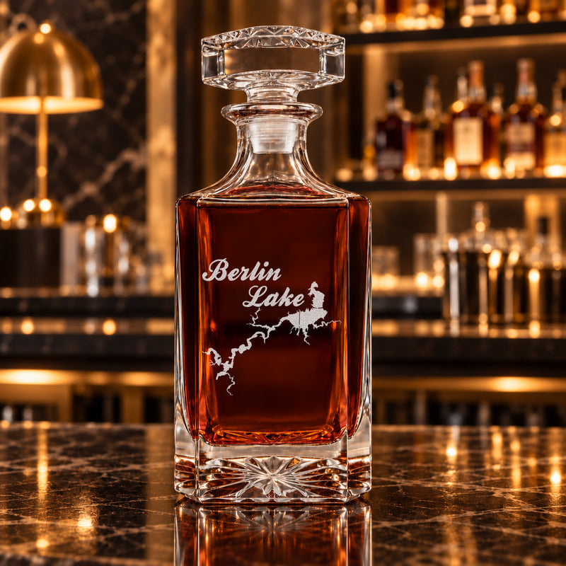 Berlin Lake Ohio Minimalist engraved square whiskey decanter - decanter alone