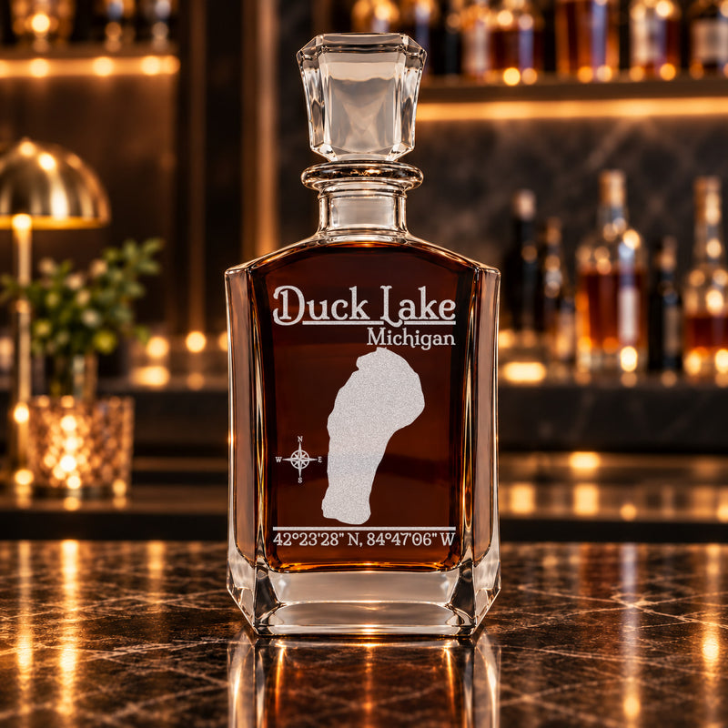 Duck Lake Michigan Classic engraved six-sided whiskey decanter - decanter alone