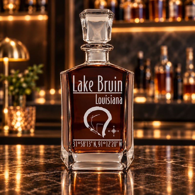 Lake Bruin Louisiana Modern engraved six-sided whiskey decanter - decanter alone