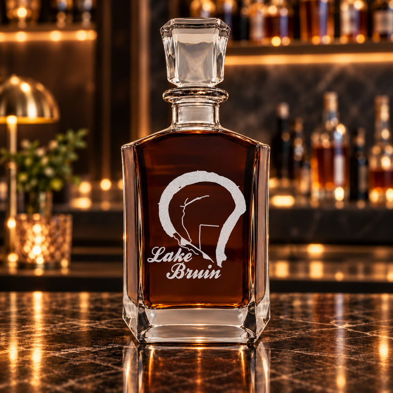 Lake Bruin Louisiana Minimalist engraved six-sided whiskey decanter - decanter alone