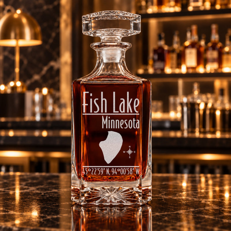 Fish Lake Minnesota Modern engraved square whiskey decanter - decanter alone