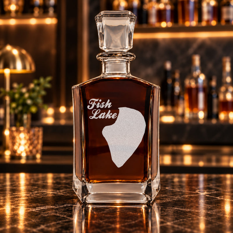 Fish Lake Minnesota Minimalist engraved six-sided whiskey decanter - decanter alone