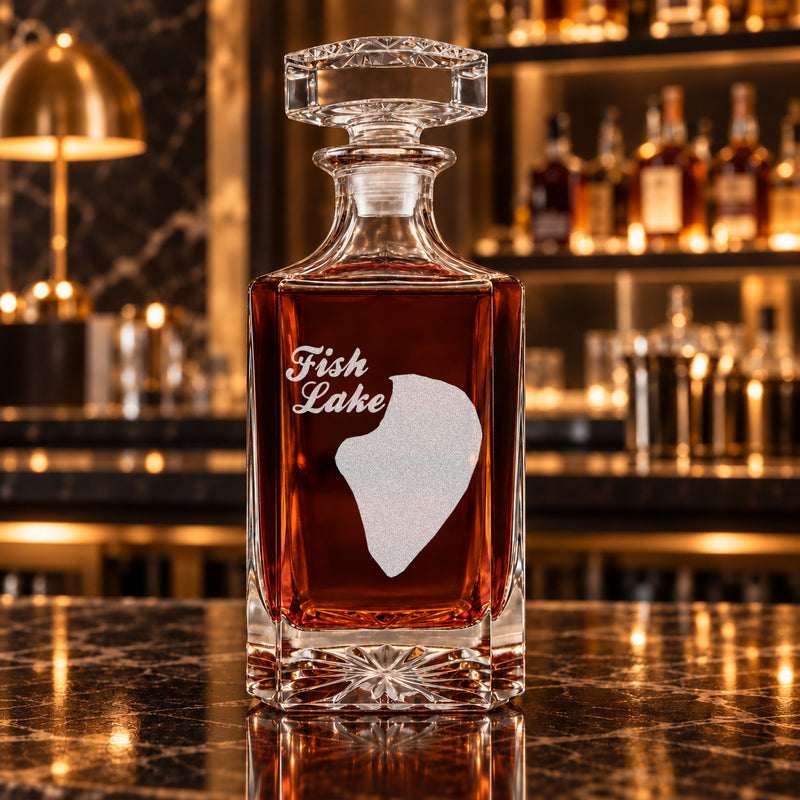 Fish Lake Minnesota Minimalist engraved square whiskey decanter - decanter alone