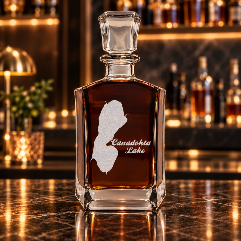 Canadohta Lake Pennsylvania Minimalist engraved six-sided whiskey decanter - decanter alone