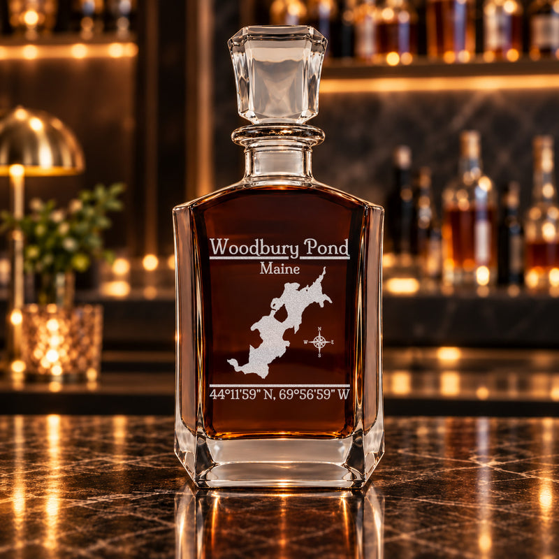 Woodbury Pond Maine Classic engraved six-sided whiskey decanter - decanter alone