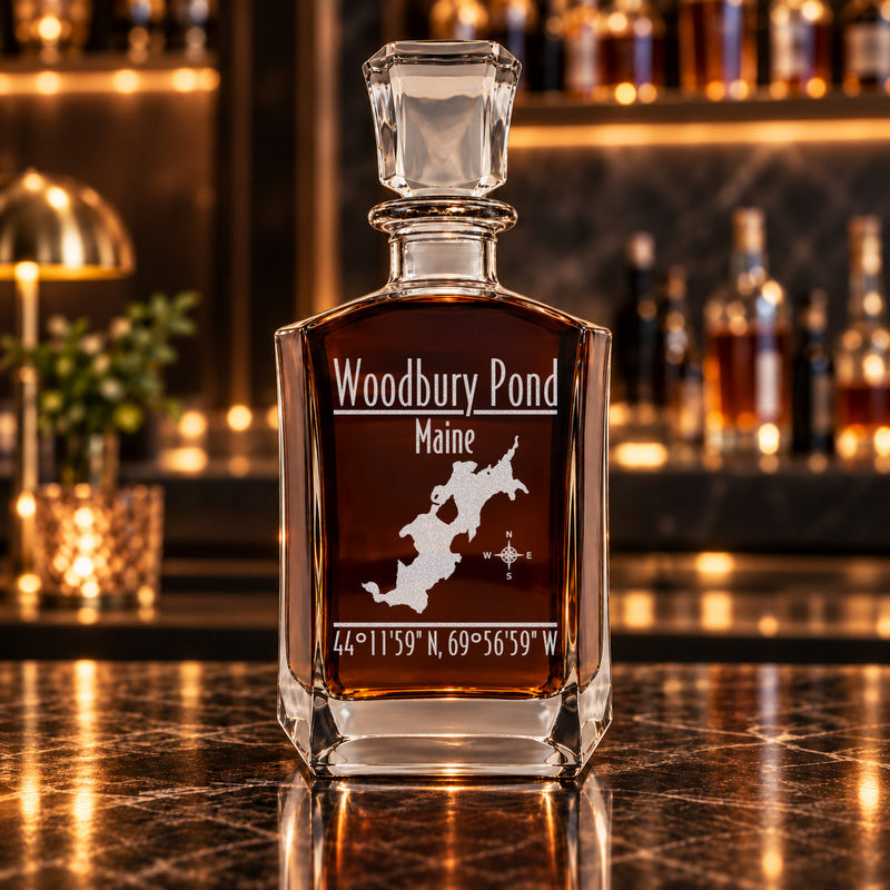 Woodbury Pond Maine Modern engraved six-sided whiskey decanter - decanter alone