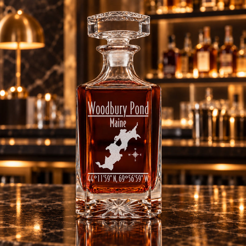 Woodbury Pond Maine Modern engraved square whiskey decanter - decanter alone