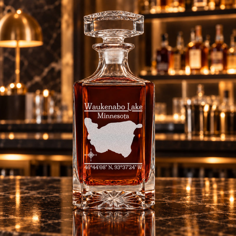 Waukenabo Lake Minnesota Classic engraved square whiskey decanter - decanter alone