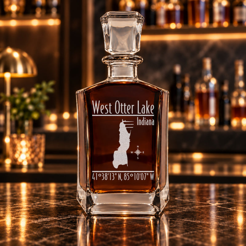 West Otter Lake Indiana Modern engraved six-sided whiskey decanter - decanter alone