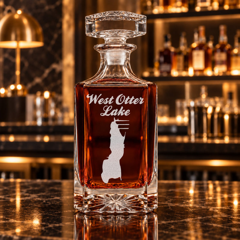 West Otter Lake Indiana Minimalist engraved square whiskey decanter - decanter alone