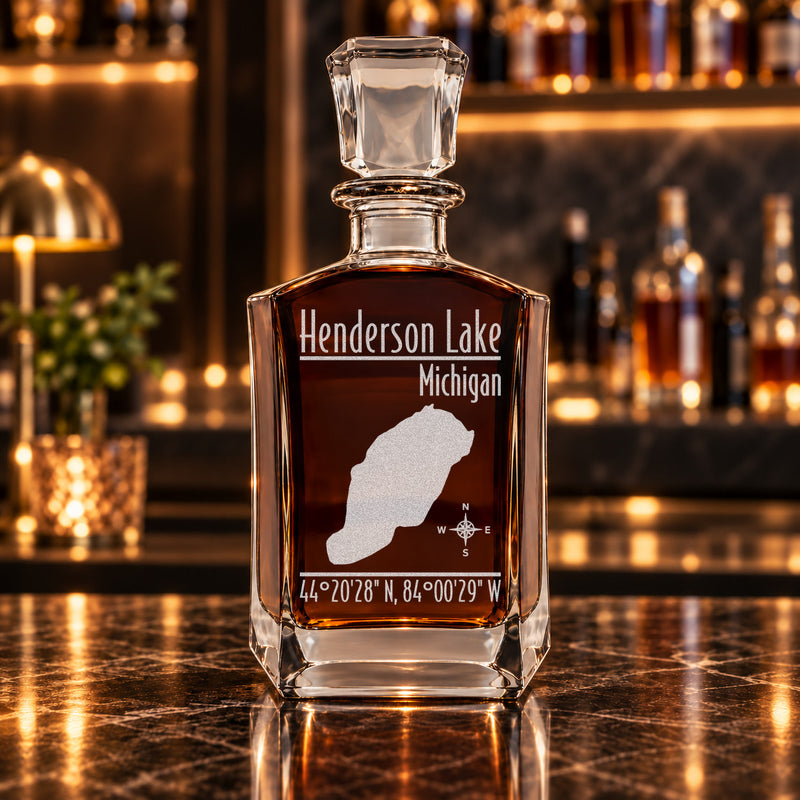 Henderson Lake Michigan Modern engraved six-sided whiskey decanter - decanter alone