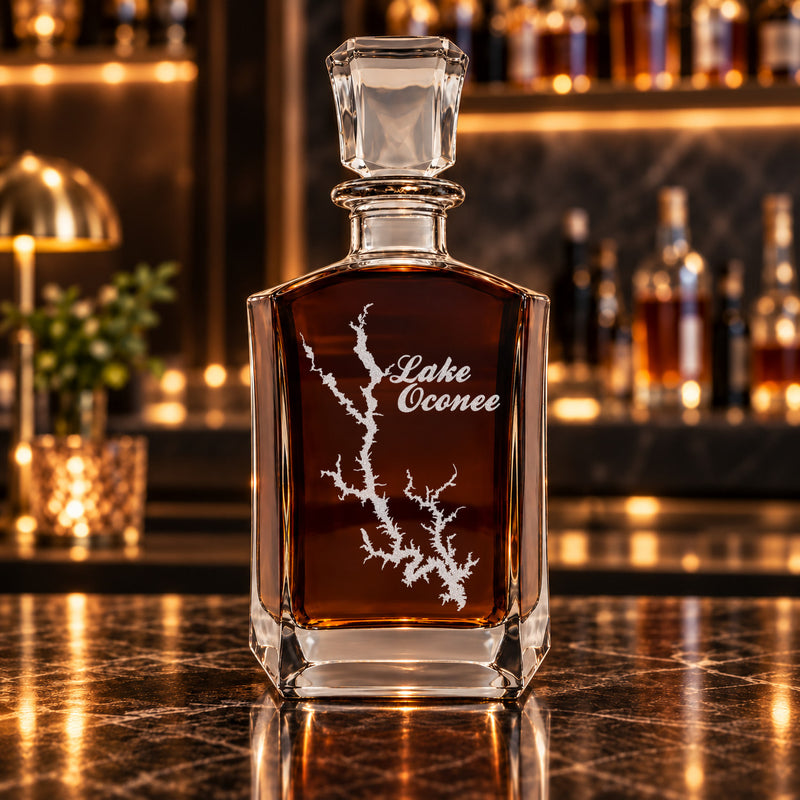 Lake Oconee Georgia Minimalist engraved six-sided whiskey decanter - decanter alone