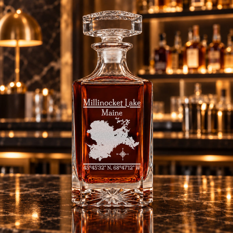 Millinocket Lake Maine Classic engraved square whiskey decanter - decanter alone