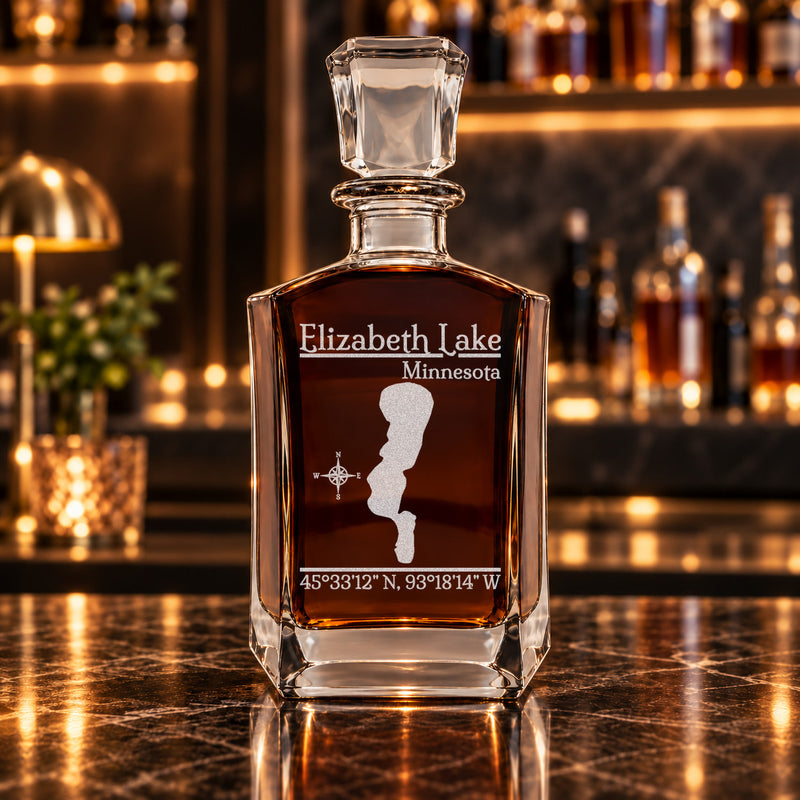 Elizabeth Lake Minnesota Classic engraved six-sided whiskey decanter - decanter alone