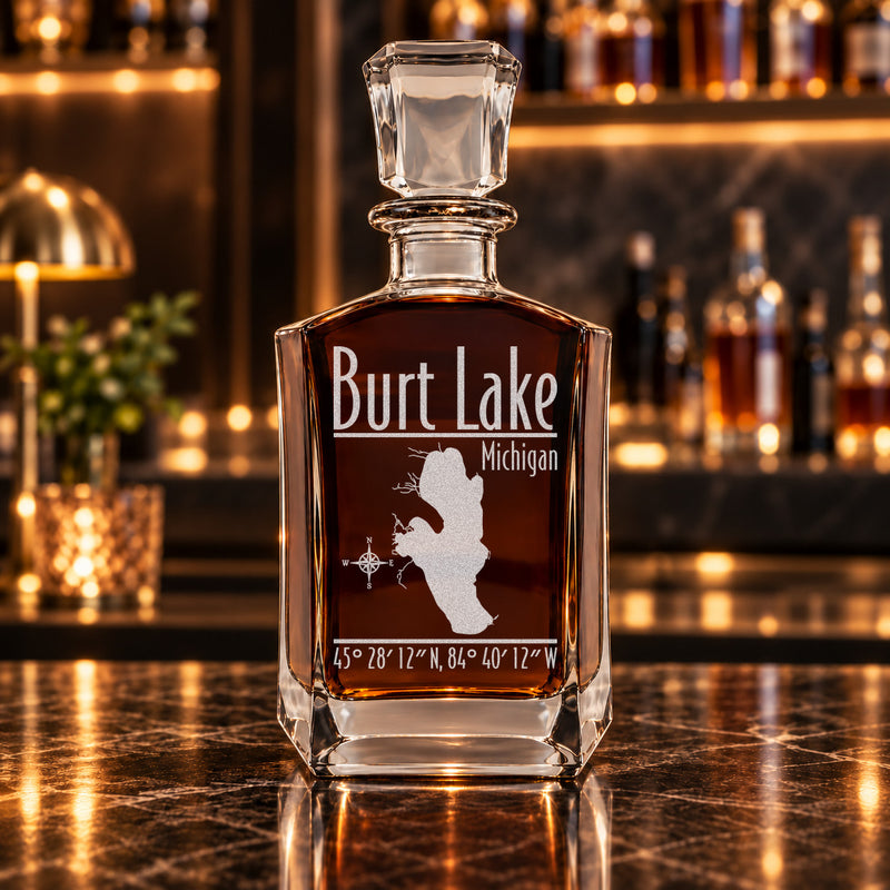 Burt Lake Michigan Modern engraved six-sided whiskey decanter - decanter alone