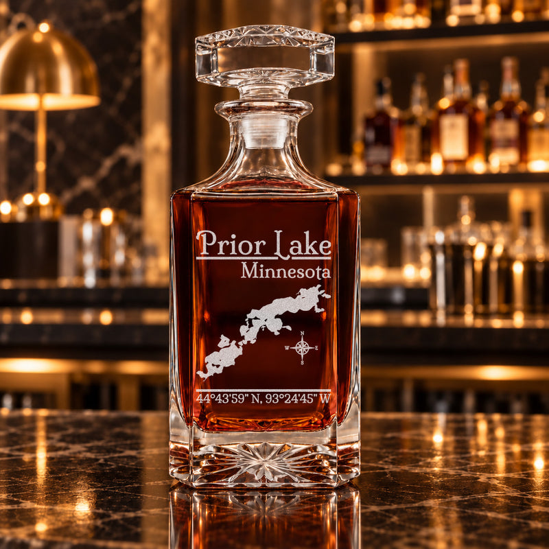 Prior Lake Minnesota Classic engraved square whiskey decanter - decanter alone