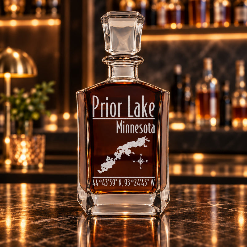 Prior Lake Minnesota Modern engraved six-sided whiskey decanter - decanter alone