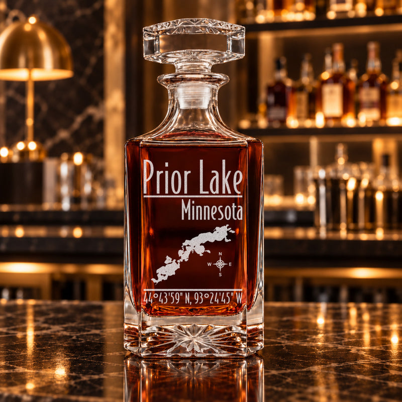Prior Lake Minnesota Modern engraved square whiskey decanter - decanter alone