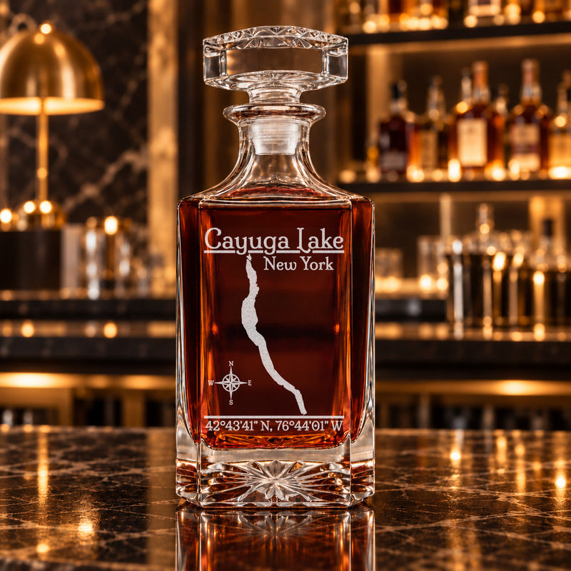 Cayuga Lake New York Classic engraved square whiskey decanter - decanter alone