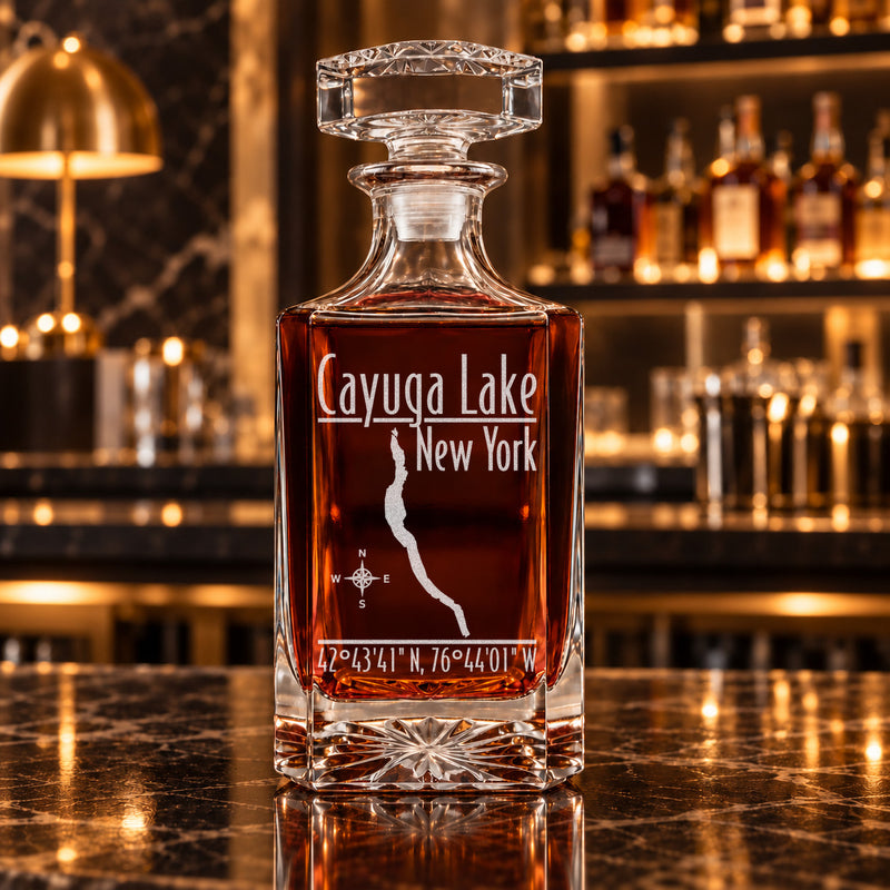 Cayuga Lake New York Modern engraved square whiskey decanter - decanter alone