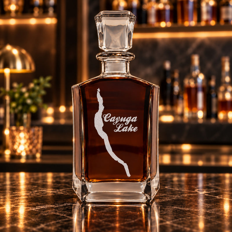 Cayuga Lake New York Minimalist engraved six-sided whiskey decanter - decanter alone