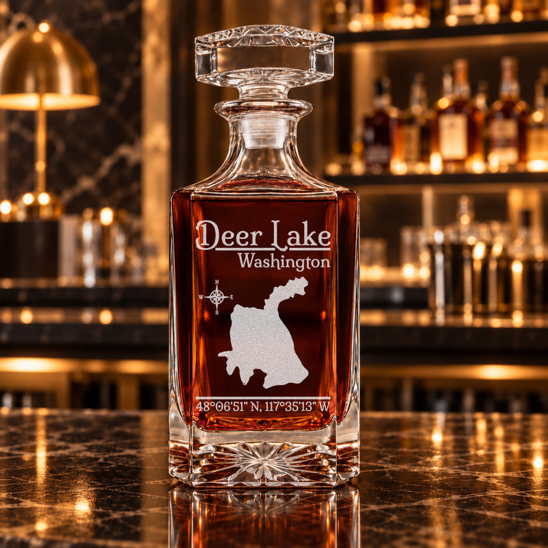 Deer Lake Washington Classic engraved square whiskey decanter - decanter alone