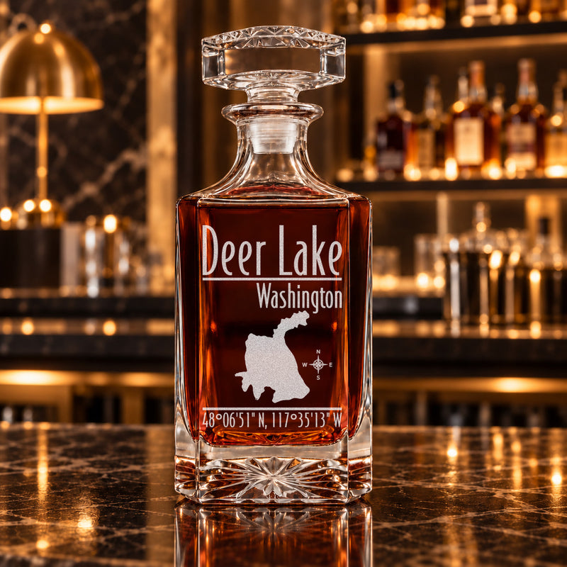 Deer Lake Washington Modern engraved square whiskey decanter - decanter alone
