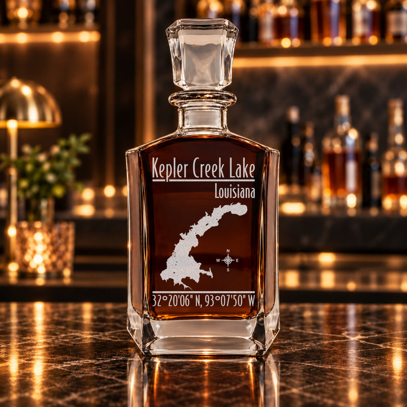 Kepler Creek Lake Louisiana Modern engraved six-sided whiskey decanter - decanter alone