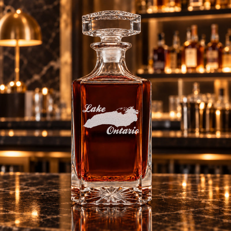 Lake Ontario New York Minimalist engraved square whiskey decanter - decanter alone