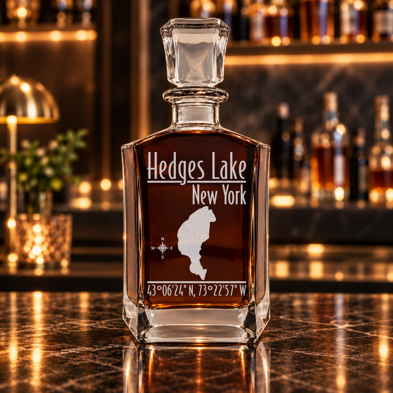 Hedges Lake New York Modern engraved six-sided whiskey decanter - decanter alone