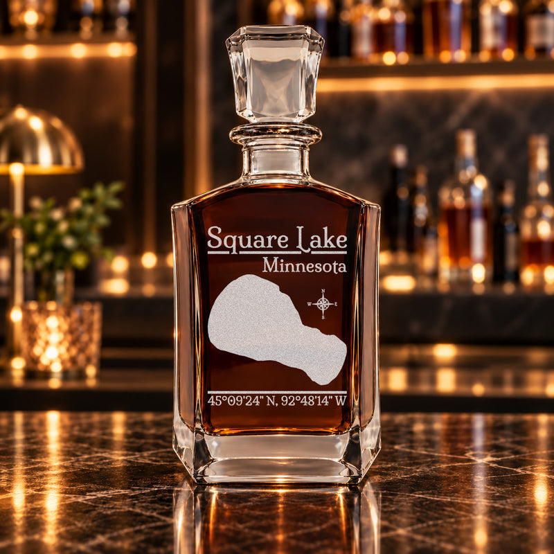 Square Lake Minnesota Classic engraved six-sided whiskey decanter - decanter alone
