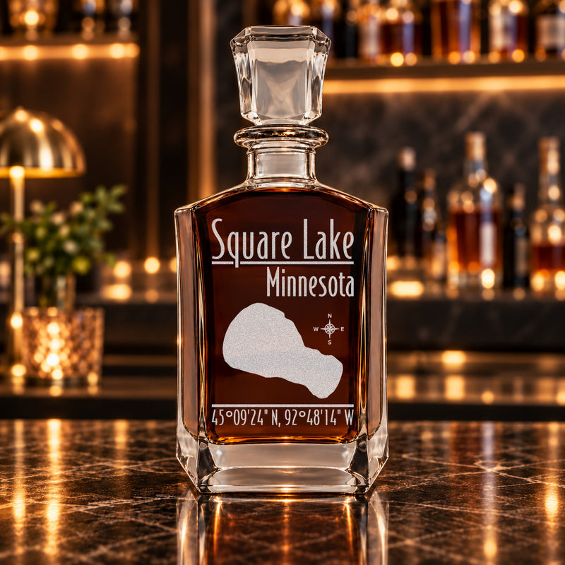 Square Lake Minnesota Modern engraved six-sided whiskey decanter - decanter alone