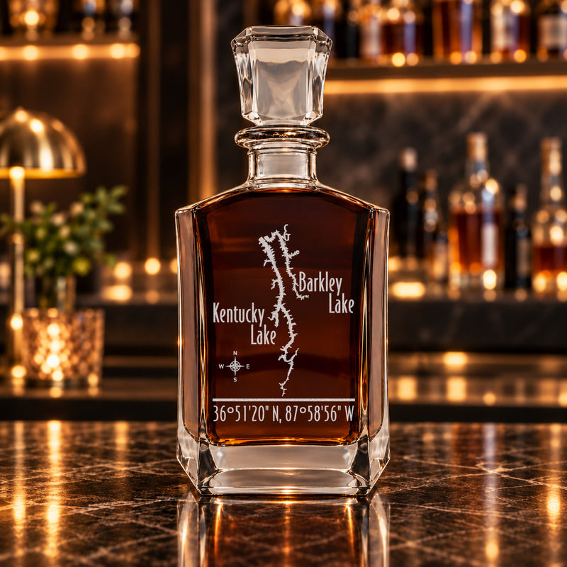 Kentucky Lake & Lake Barkley Kentucky Modern engraved six-sided whiskey decanter - decanter alone
