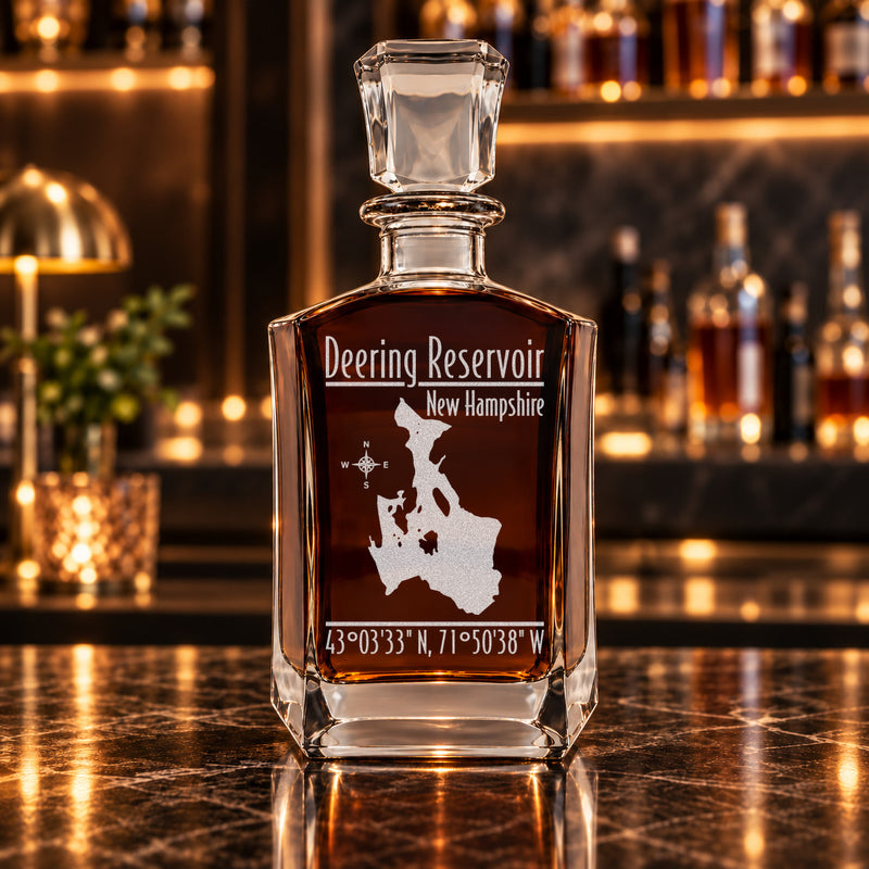 Deering Reservoir New Hampshire Modern engraved six-sided whiskey decanter - decanter alone