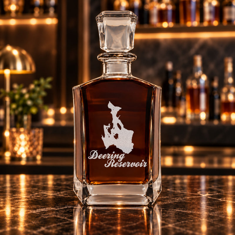 Deering Reservoir New Hampshire Minimalist engraved six-sided whiskey decanter - decanter alone