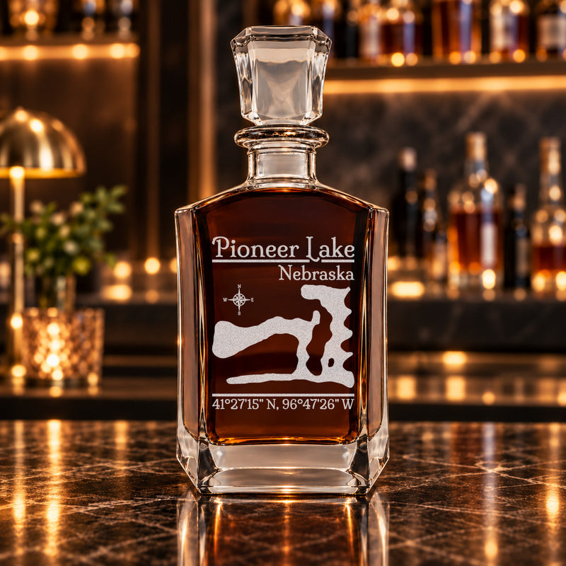 Pioneer Lake Nebraska Classic engraved six-sided whiskey decanter - decanter alone