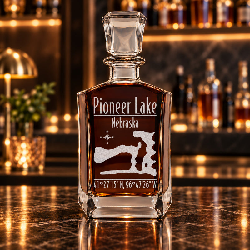 Pioneer Lake Nebraska Modern engraved six-sided whiskey decanter - decanter alone
