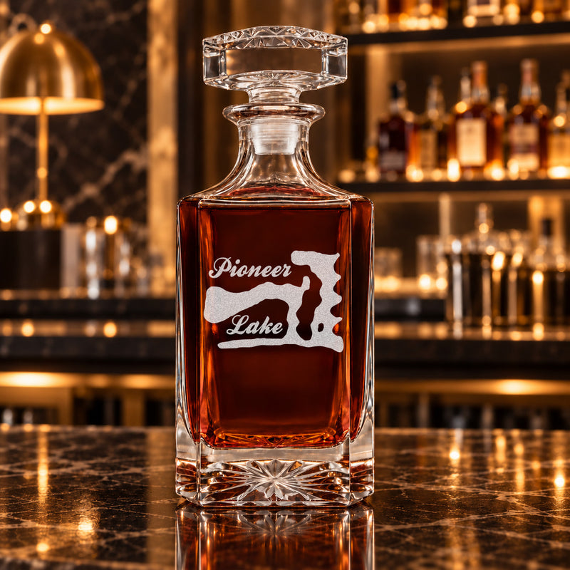 Pioneer Lake Nebraska Minimalist engraved square whiskey decanter - decanter alone