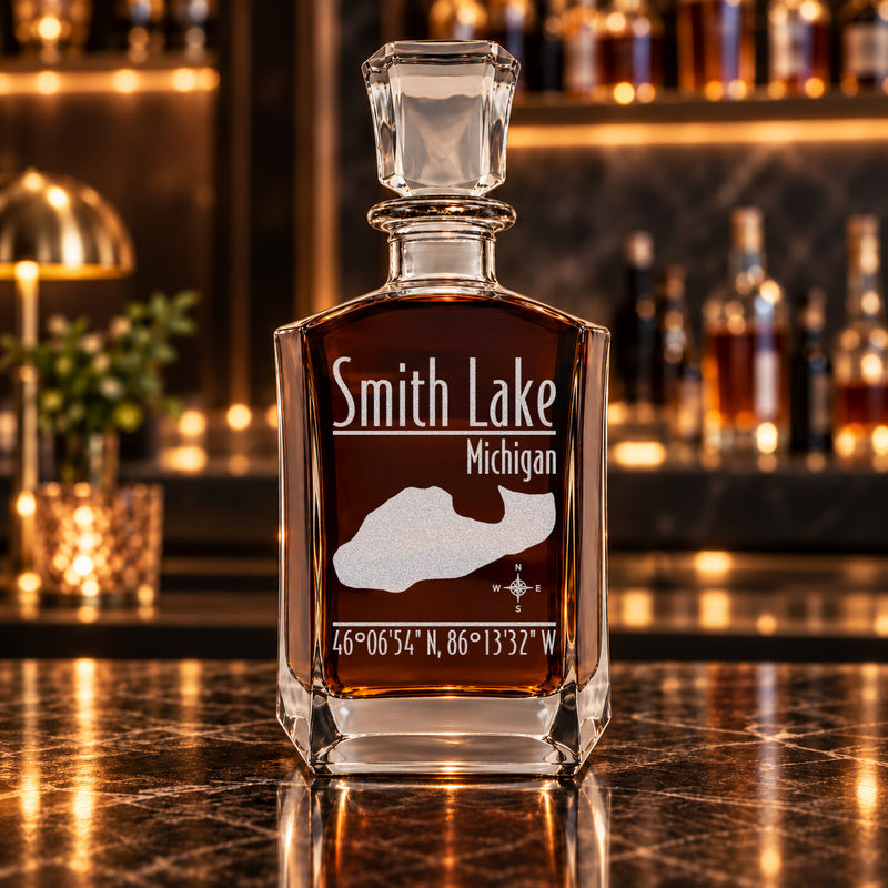 Smith Lake Michigan Modern engraved six-sided whiskey decanter - decanter alone