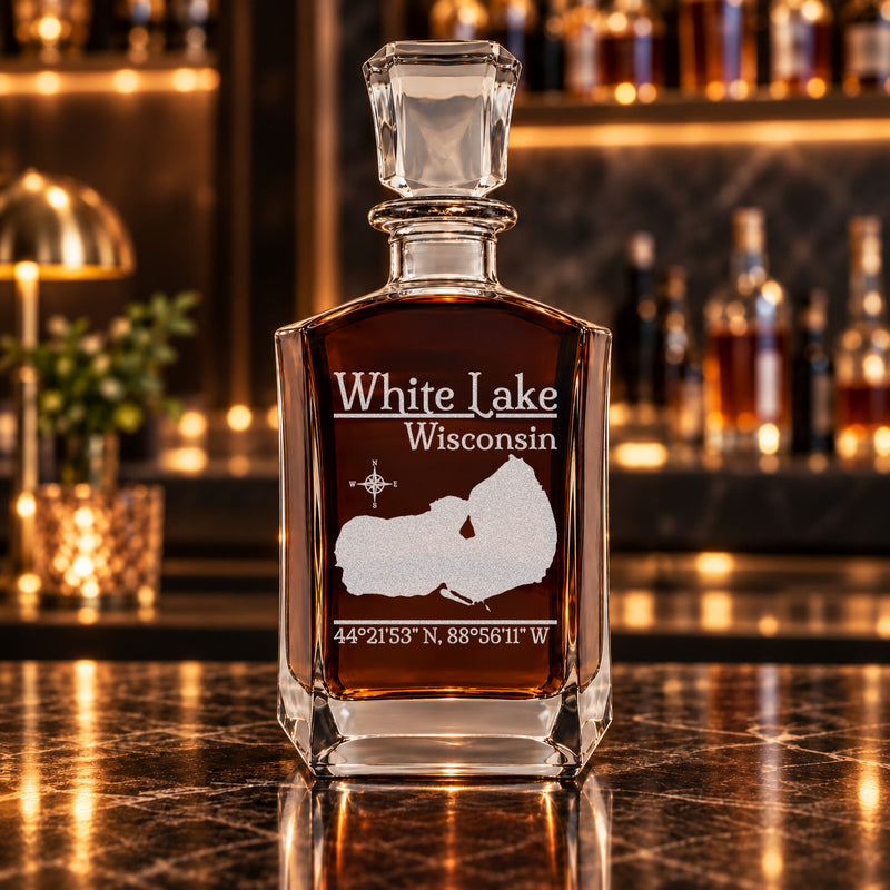 White Lake Wisconsin Classic engraved six-sided whiskey decanter - decanter alone