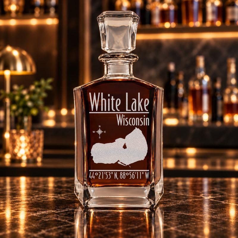 White Lake Wisconsin Modern engraved six-sided whiskey decanter - decanter alone