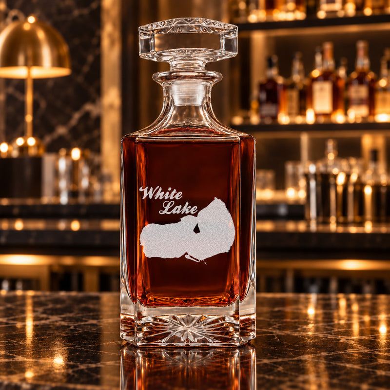 White Lake Wisconsin Minimalist engraved square whiskey decanter - decanter alone
