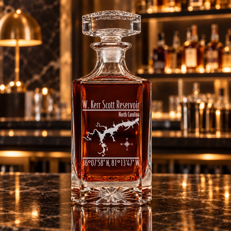 W. Kerr Scott Reservoir North Carolina Modern engraved square whiskey decanter - decanter alone