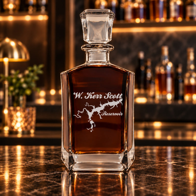 W. Kerr Scott Reservoir North Carolina Minimalist engraved six-sided whiskey decanter - decanter alone