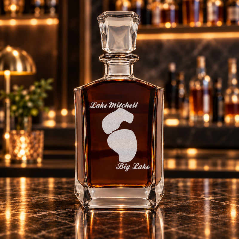 Big Lake & Lake Mitchell Minnesota Minimalist engraved six-sided whiskey decanter - decanter alone