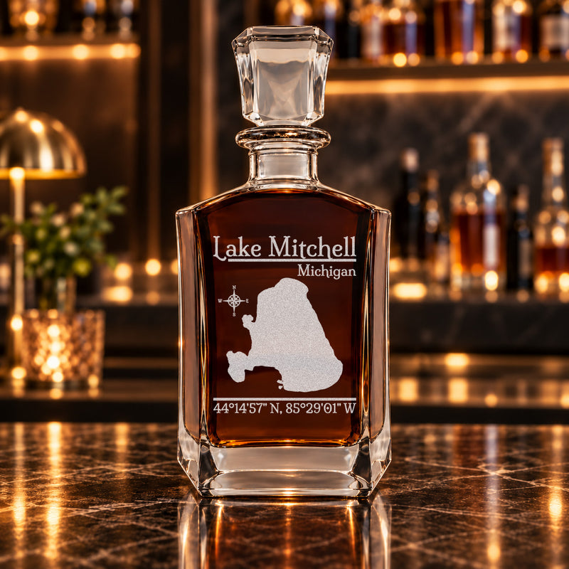 Lake Mitchell Michigan Classic engraved six-sided whiskey decanter - decanter alone
