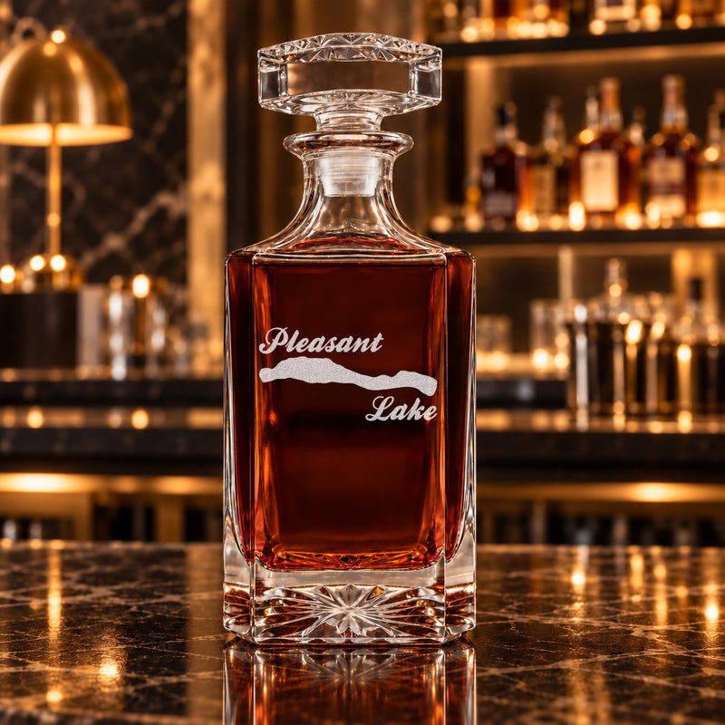 Pleasant Lake New York Minimalist engraved square whiskey decanter - decanter alone