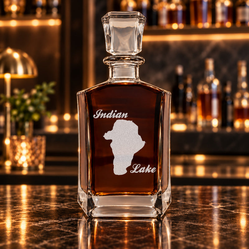 Indian Lake Michigan Minimalist engraved six-sided whiskey decanter - decanter alone