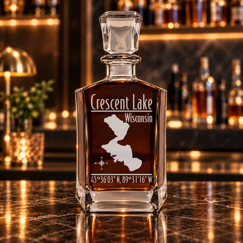 Crescent Lake Wisconsin Modern engraved six-sided whiskey decanter - decanter alone