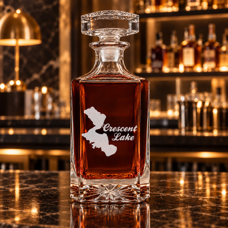 Crescent Lake Wisconsin Minimalist engraved square whiskey decanter - decanter alone